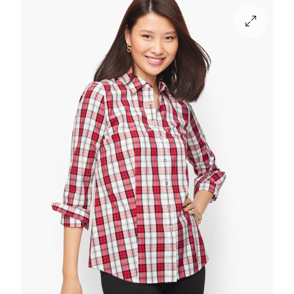 Talbots Womens Petite 16P Red White Plaid Long Sleeve Classic Button Down Shirt
